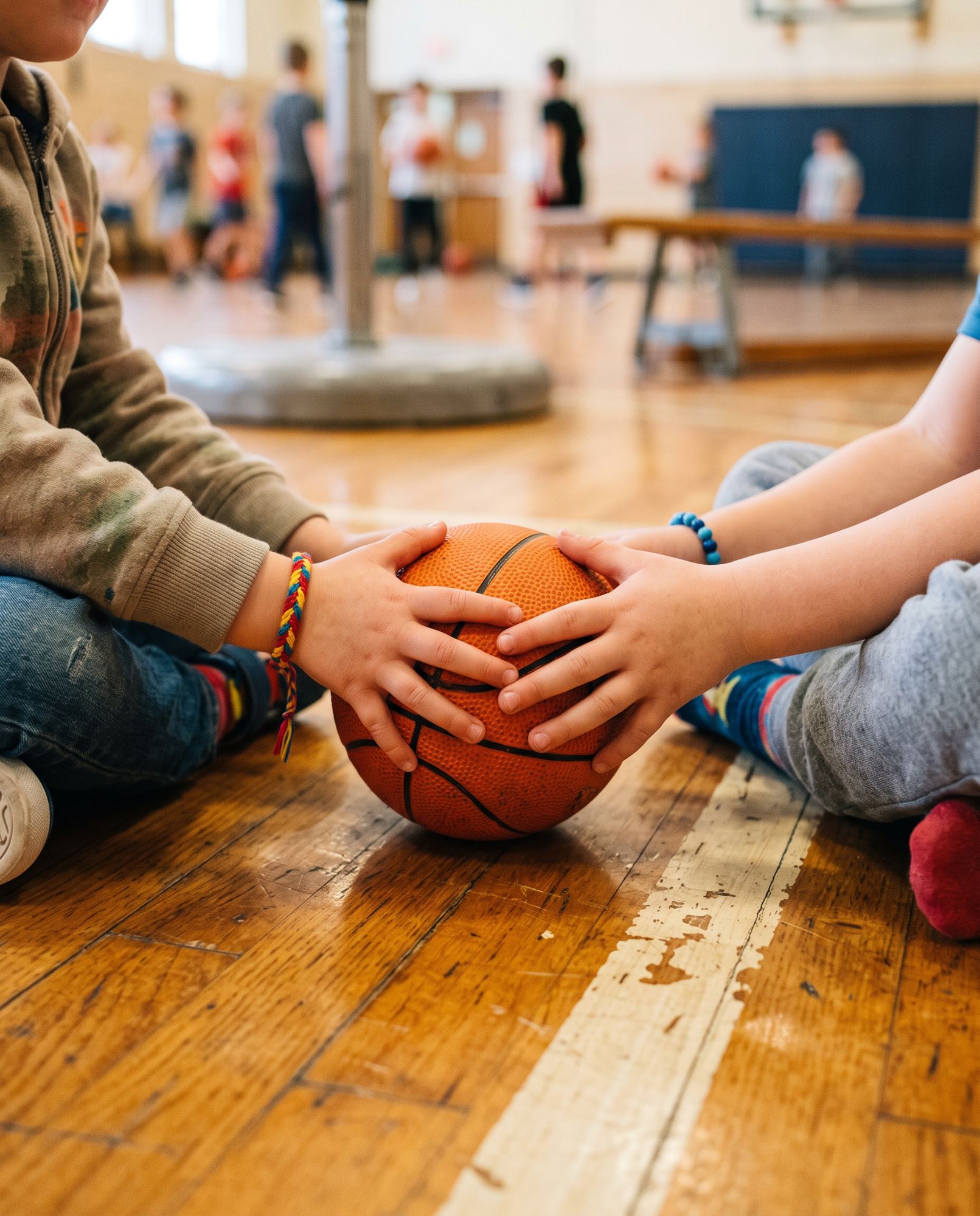 Mani di bambini su un pallone da minibasket
