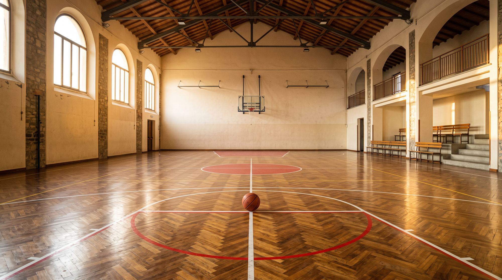 Un palazzetto vuoto con un pallone a centrocampo